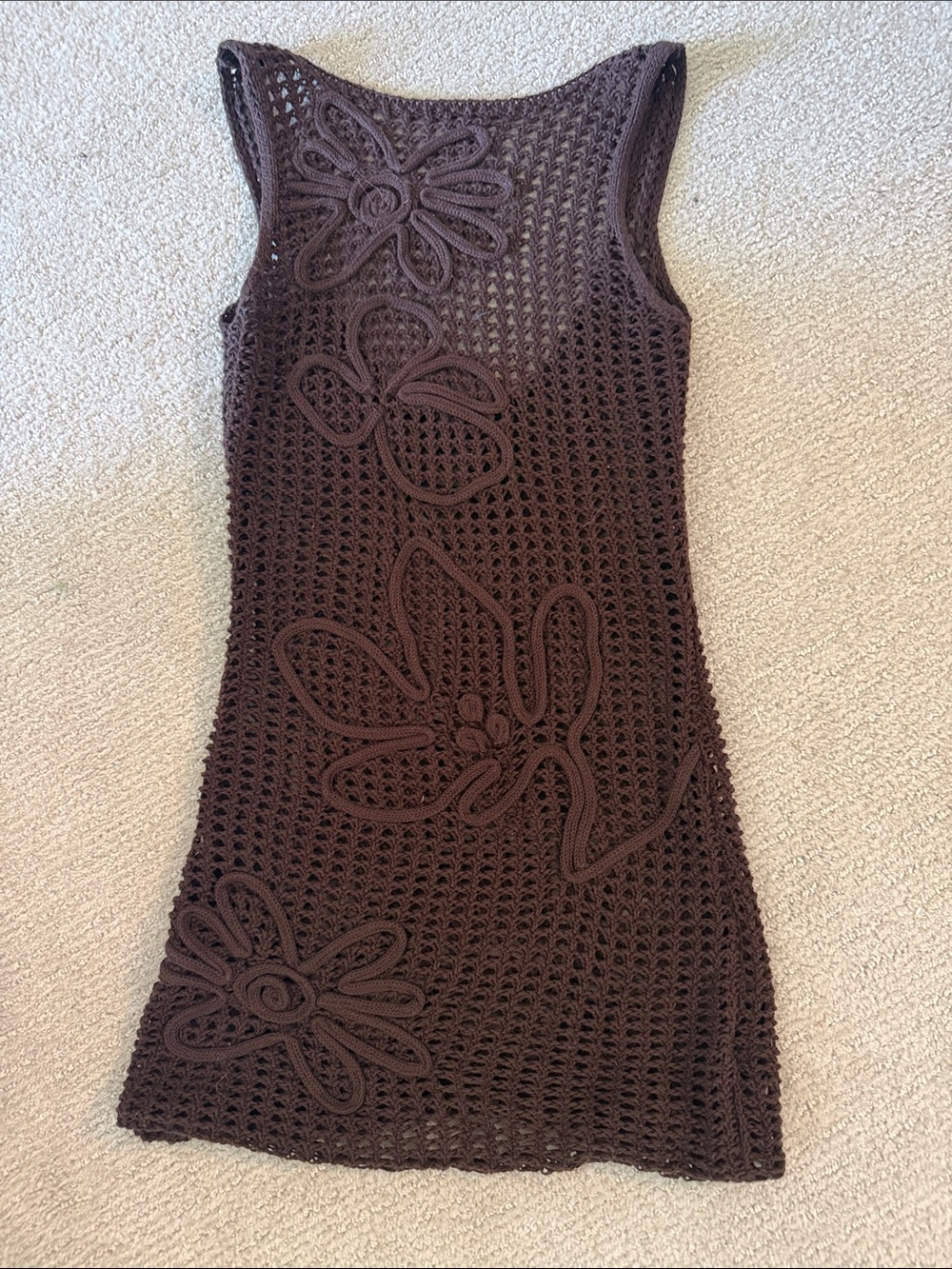 Sleeveless Crochet Floral Knit Dress in Dark Brown